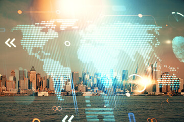 Map and data theme hologram on city view with skyscrapers background double exposure. International technology in business concept.