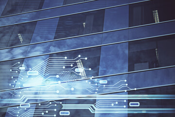 Data theme hologram drawing on city view with skyscrapers background multi exposure. Bigdata...