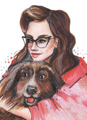 hand drawing illustration lifestyle portrait fashion girl with glasses with a big dog love for homeless animals shelter care and attention sketch markers and pencils