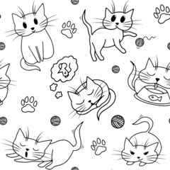 Cute playful kitten, seamless pattern. Vector hand drawn linear illustration, isolated on white background
