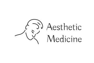 Aesthetic medicine linear style icon with handsome guy face. Isolated vector emblem of young man. Black and white outline logo template for medical clinics, plastic surgery, beauty salons