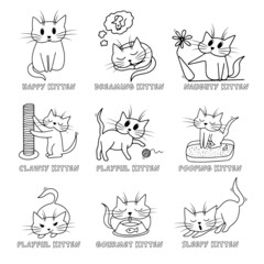 Cute playful kitten, set of icons. Vector hand drawn linear illustration, isolated on white background