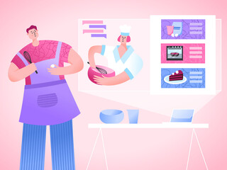 Online cooking course. Man cooking and watching lesson at culinary school. Woman chef explaining recipe. Online education,video tutorial, distance learning. Flat vector Illustration for websites.
