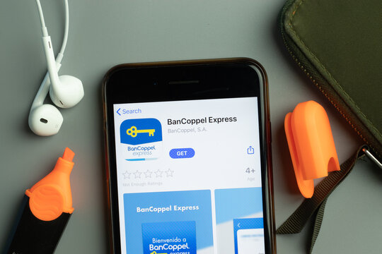 New York, USA - 26 October 2020: BanCoppel Express mobile app icon logo on phone screen close-up, Illustrative Editorial