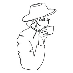 Minimal monoline portrait.  A beautiful lady drinks coffee. Trendy continuous line illustration. Ideal poster for fashionable cafe interior. 