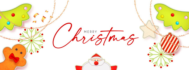 Merry Christmas cute design with Santa Claus, fir tree, clock, gingerbread man, garland and toys