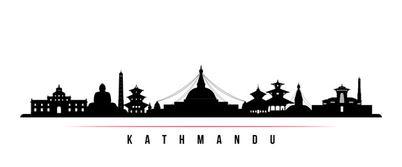 Kathmandu skyline horizontal banner. Black and white silhouette of Kathmandu City, Nepal. Vector template for your design. - obrazy, fototapety, plakaty