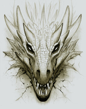 Dragon head on the stone background pencil drawing.