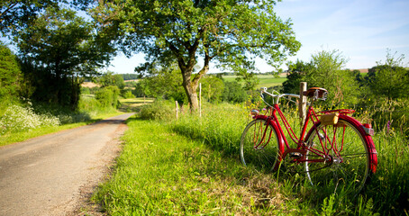 Chemin de campagne au printemps, vieux vélo rouge sur le bas côté.