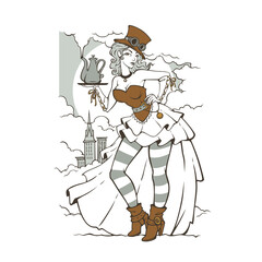 Steampunk girl holding a coffee pot, vector illustration - 391201376