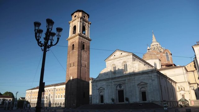 Turin, Italy. Dome of Turin during lockdown for coronavirus pandemic, with bell tower in frontground