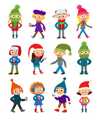 Vector set of cartoon hipster teenagers in winter clothers