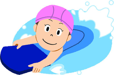 プールでビート板を使う女の子のイラスト
