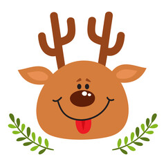 Vector illustration of cartoon Christmas deer head isolated on white.