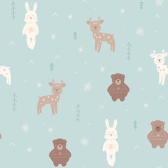 Cute animals with linear pattern inside. Winter seamless vector illustration in scandinavian style for textile, wrapping, package design. Bunny, little deer and bear smiling Christmas toys. 