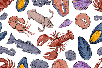 Seafood colored seamless pattern. hand drawn vector