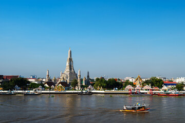 Wat Arun Temple and Chao Phraya river with sky in Bangkok, Thailand