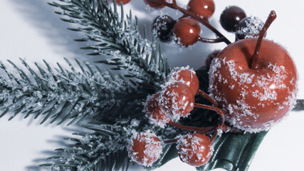 Fototapeta na wymiar Christmas decorations. Eaten branch with apple and cherry. Decoration covered in snow