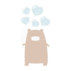 Bear in mask hold heart shaped balloons. Cartoon. Vector illustration.