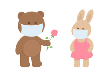 Bear in mask give flower to rabbit. Cartoon. Vector illustration.