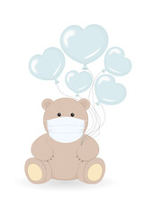 Teddy bear in mask sitting and holding heart shaped helium balloons. Cartoon. Vector illustration.