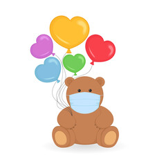 Teddy bear in mask sitting and holding colorful heart shaped helium balloons. Vector illustration.