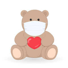 Teddy bear in mask hold heart. Cartoon. Vector illustration.