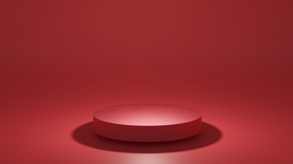 Red circular base for product display on a red background. Valentine's Day gift.