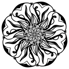 Mandala, vintage ornament, vector illustration, coloring book for adults, pattern for meditation, Indian drawing, decorative element, graphics, black and white stamp,  jewelry, pendant, logo, tattoo