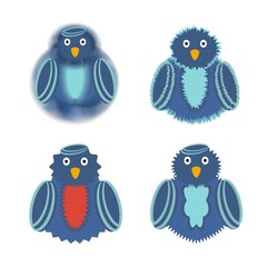 Bright, blue set of a cartoon birds snowman isolated on white background