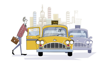 Ordering taxi car. Man gets into a retro taxi car on the street of a big city. Businessman rushing to meeting. Retro illustration in sketch style.