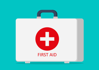 Obraz premium First aid kit. Icon of doctor box. Medical bag with pharmacy in emergency. Suitcase of medic with cross. Concept health and medicine. Cartoon toolbox for help in ambulance and hospital. Vector