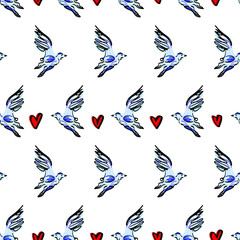 Fototapeta premium Abstract Hand Drawing Flying Birds and Hearts Repeating Vector Pattern Isolated Background