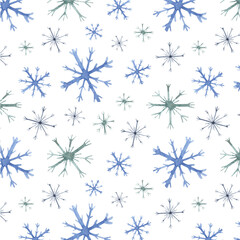 Seamless pattern with watercolor snowflakes on a white background. Snowfall, winter. Festive background. For gift wrapping, textiles, wallpaper.