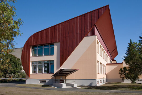 Modern School Building exterior with solar panels