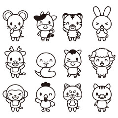 干支 十二支 かわいいキャラクターセット(白黒)-animal Vector illustration	
