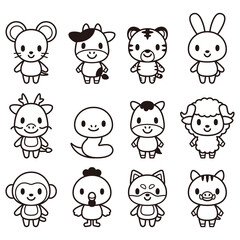 干支 十二支 かわいいキャラクターセット(白黒)-animal Vector illustration	