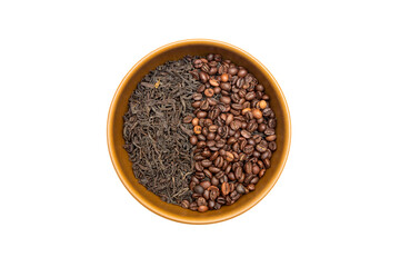 roasted coffee beans and dry leaves of black tea, top view closeup