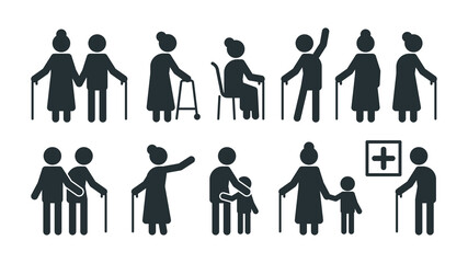 Elderly people symbols. Old persons stylized pictogram seniors in various pose vector set. Elderly stylized pictogram, pose walking silhouette illustration - obrazy, fototapety, plakaty