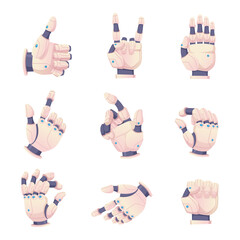 Bionic human hands. Robots gestures helping prosthesis vector set. Illustration bionic cyborg gesture arm, human hand technology prosthetic