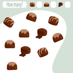 Children's game search in a cartoon style. Collection of children learning. Count how many items and write down the result. Preschool worksheet. Vector image. Sweets