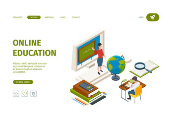 Online education landing. Knowledge learning processes training processes distance courses student vector isometric web page template. Online education training, university study online illustration