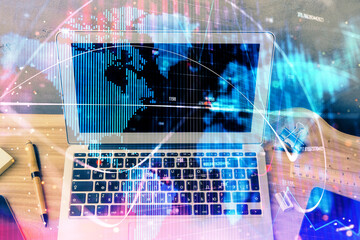 Multi exposure of business theme icons and work space with computer background. Concept of success.
