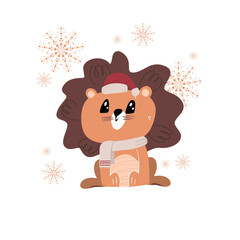 Cute cartoon lion wearing a New Year's hat. Children's vector illustrations for fabrics, textile graphics, prints.