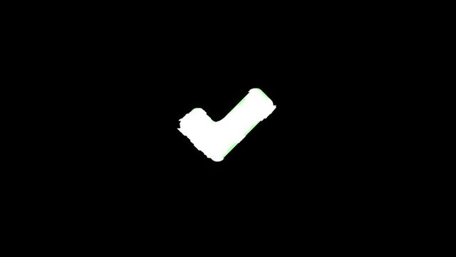 Glitch tick icon on glitch old screen display animation. Retro