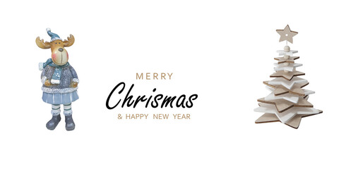 Christmas Background. Bull symbol of the New Year and Christmas tree, Horizontal Christmas poster, greeting card, header, website