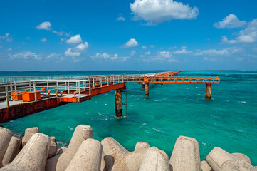 Airport runway approach lights built on a structure in the seas of Shimojishima Island, Miyakojima,...