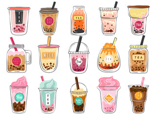 Bubble tea doodles. Dessert asian drinks in plastic cups delicious cold mocha freshness tea vector illustrations set. Cup tea ice bubble, cafe menu