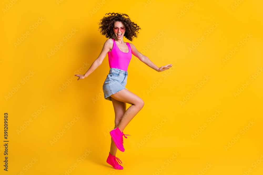 Poster Full length body size view of her she nice attractive cheerful cheery wavy-haired girl jumping having fun dancing free time entertainment isolated on bright vivid shine vibrant yellow color background