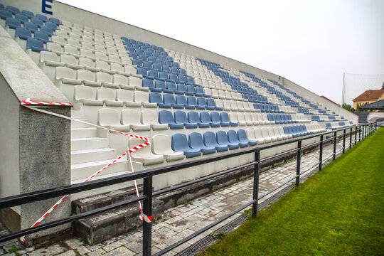 empty chairs at the pandemic football stadium in the world. coronavirus. there are no people.